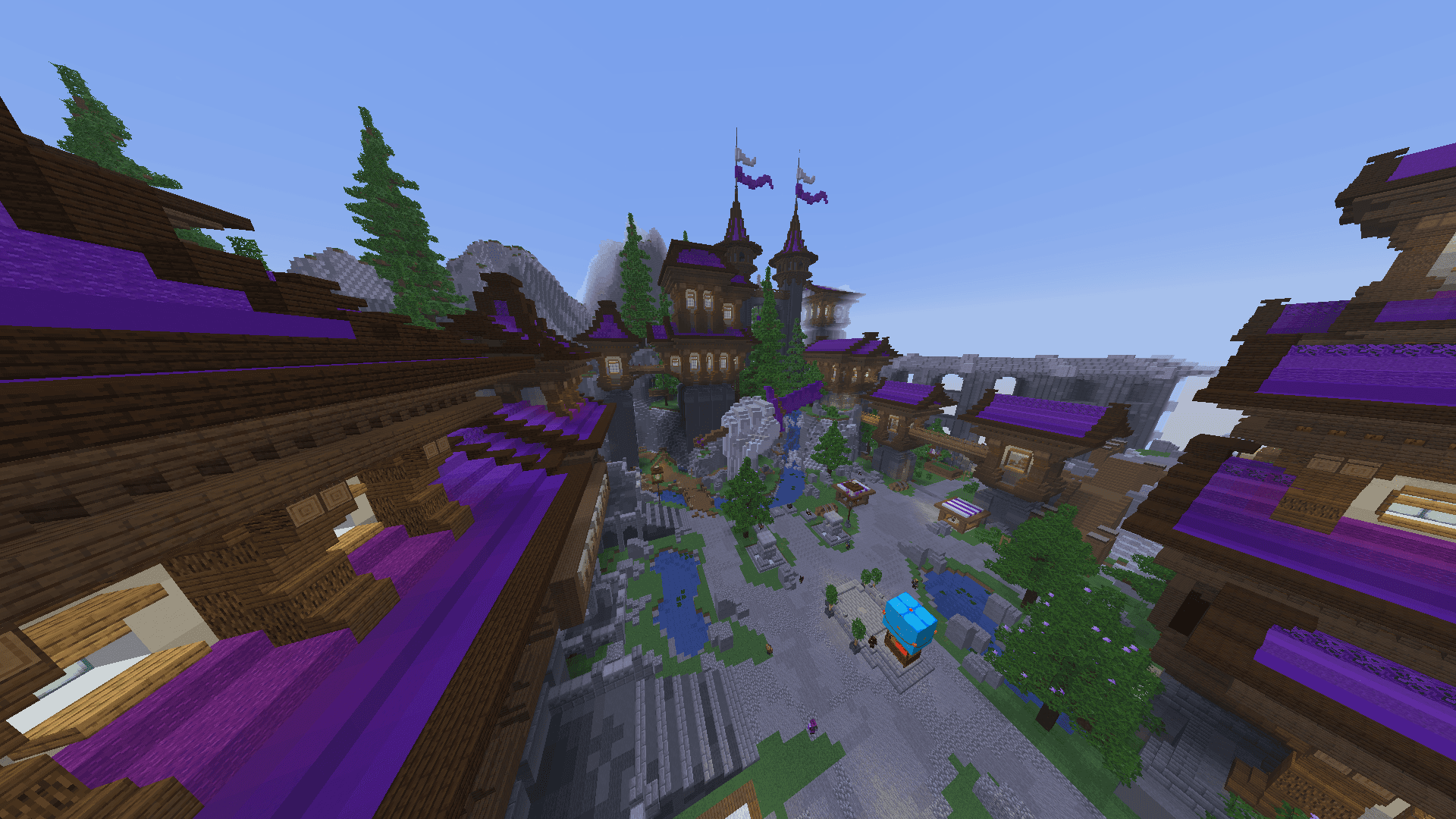 Spawn Hyronixu s fialovými střechami a náměstím